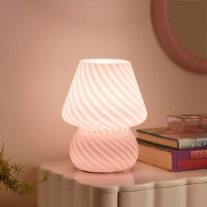 CRESTVIE Mushroom Lamp-Small Bedside Table Lamp with Striped Glass, Nightstand Lamp for Bedroom, Living Room, Cafe, Bulb Included, Home Decor for Girls Women, Pink