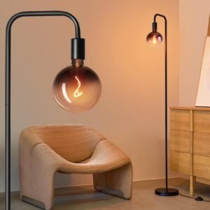 CRESTVIE Floor Lamp for Living Room - Minimalist Industrial Standing Lamp with Modern LED Bulb, Globe Black Clear Glass 6", 1800K Warm Ambiant Lighting Decorative Tall Floor Lamp for Bedroom Office