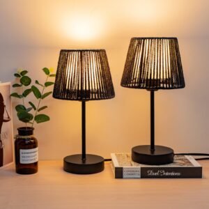 Touch Boho Lamp Dimmable, 3-Way Bedside Table Lamp 14.2", Rope Light for Bedroom Nightstand Farmhouse, Bulb Included, 2 Packs (Black)