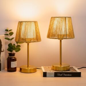 CRESTVIE Touch Bedside Table Lamps Set of 2, 14.2" Boho Lamp 3 Way Dimmable, Rope lamp for Bedroom Nightstand Farmhouse, LED Bulb Included(Gold)
